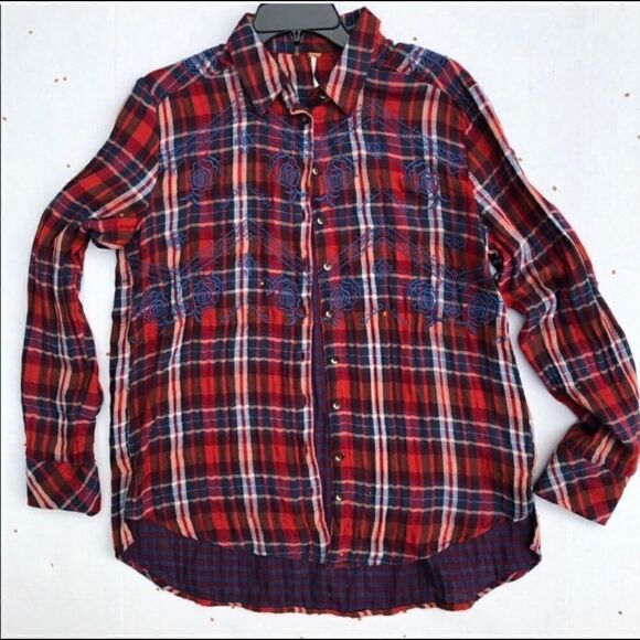 FREE PEOPLE MAGICAL EMBROIDERED OVERSIZED PLAID BUTTON DOWN - Picture 5 of 7